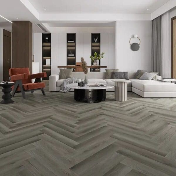 Nebraska wild oak parquet flooring in modern living room with white sofa and rust armchair