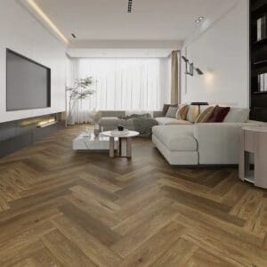 Alva english oak parquet flooring in modern living room with white sofa