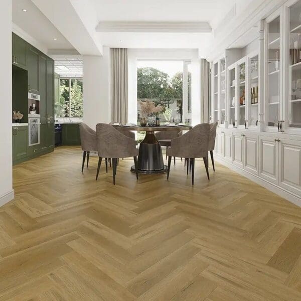 Alva natural oak parquet flooring installed in a modern dining room with green kitchen cabinets