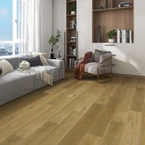Alva natural oak plank flooring in modern living room with gray sofa and built-in shelving