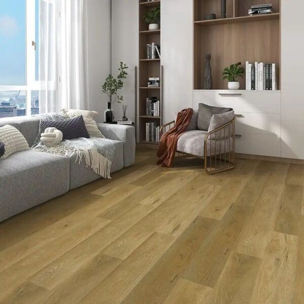 Alva natural oak plank flooring in modern living room with gray sofa and built-in shelving