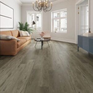 Alva french grey plank flooring in modern living room with orange sofa