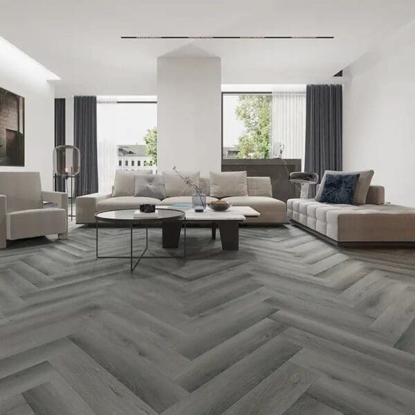 Alva yosemite dark oak parquet flooring in modern living room with neutral furniture