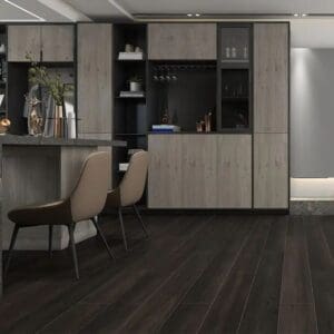 Alva antigua charcoal oak plank flooring in modern dining room with light wood cabinetry