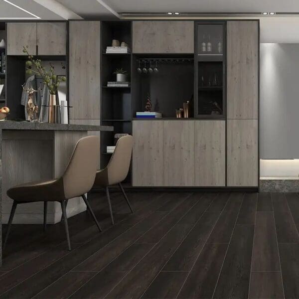 Alva antigua charcoal oak plank flooring in modern dining room with light wood cabinetry