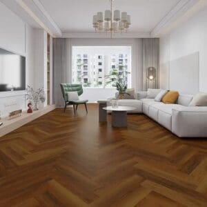 Alva cherokee oak parquet flooring in modern living room with white sofa and green accent chair