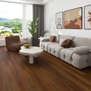 Alva cherokee oak planks installed in modern living room with white sofa