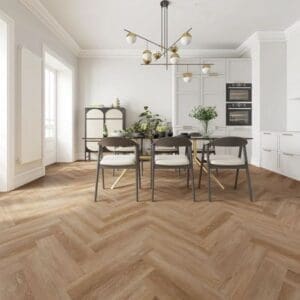 Alva ash brown parquet flooring in modern dining room with white kitchen
