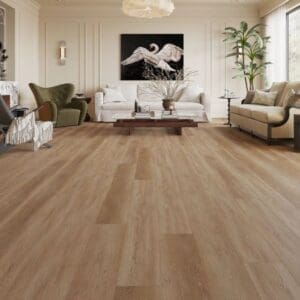 Alva ash brown plank flooring installed in a modern living room with neutral furniture
