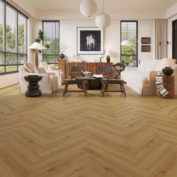 Alva royal oak parquet flooring in modern living room with white furniture