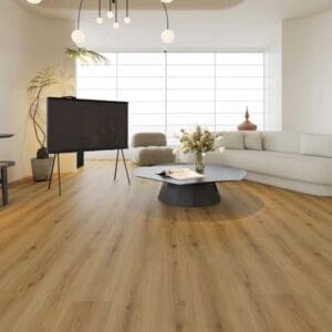 Alva royal oak plank flooring in modern living room with white sofa and plants