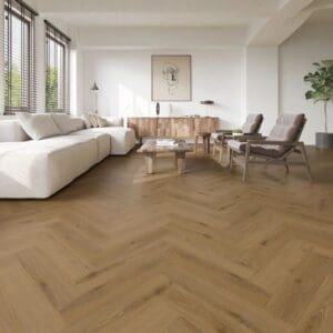 Alva harvest oak parquet flooring in modern living room with white sofa