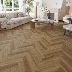 Alva antique oak parquet flooring in a bright living room with white furniture