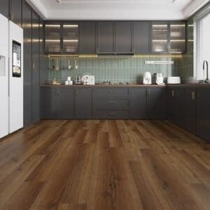 Alva antique oak plank flooring installed in modern kitchen with dark cabinets