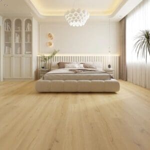 Alva elm oak plank flooring in a modern bedroom with neutral decor