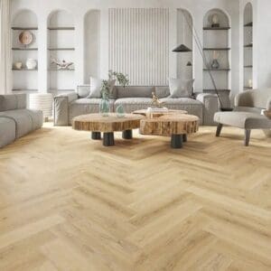 Alva barley oak parquet flooring in a modern living room with grey sofas and wooden coffee tables