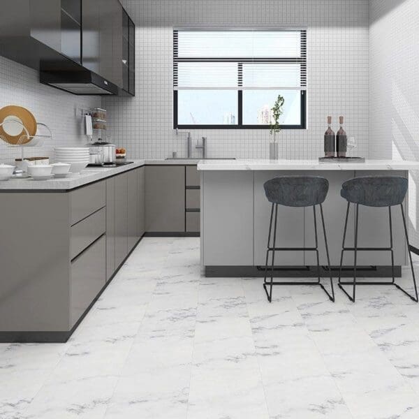Arabes cato marble effect luxury vinyl tiles in modern kitchen with grey cabinetry