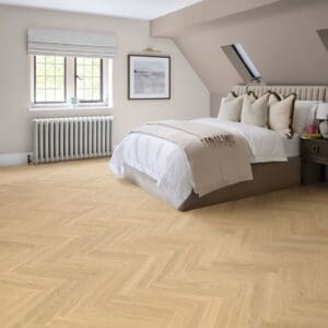 Piazza oak flooring installed in a neutral bedroom setting