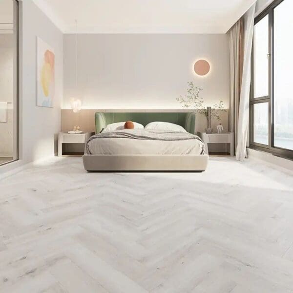 Alva pewter light oak parquet flooring in a modern bedroom setting
