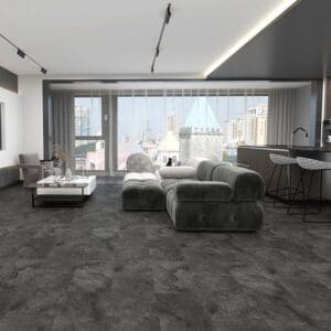 Alva dark slate stones in modern living room with gray sectional sofa