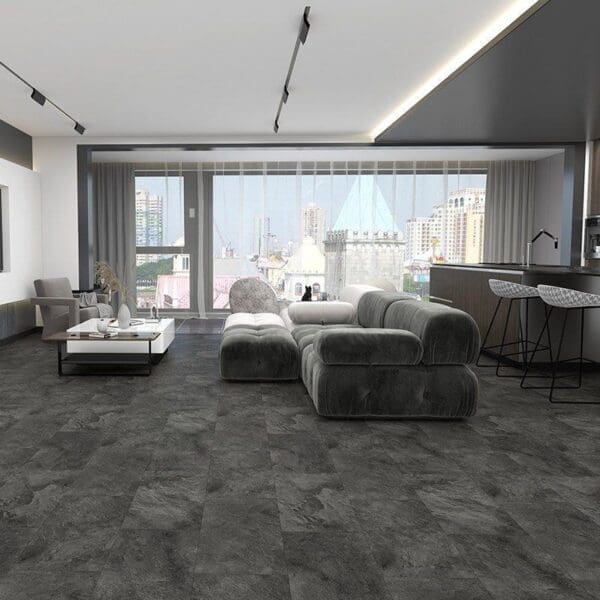 Alva dark slate stones in modern living room with gray sectional sofa