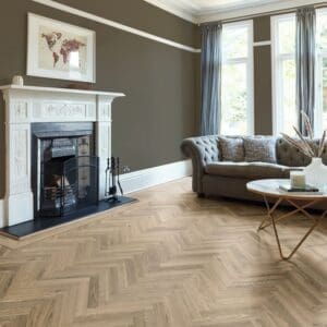 Ravenna oak herringbone flooring in elegant living room with fireplace