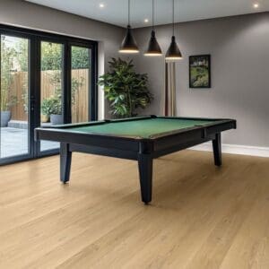 Piazza oak flooring installed in modern game room with pool table