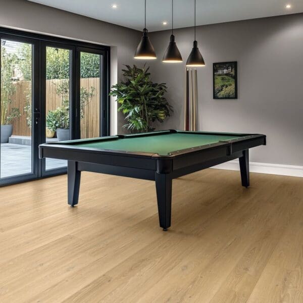 Piazza oak flooring installed in modern game room with pool table