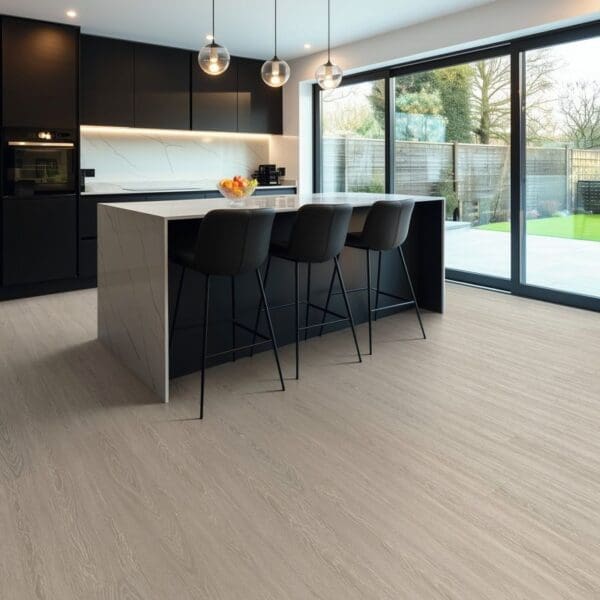 Modern kitchen with verona prime pvp407 flooring and black cabinetry