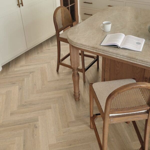Sorrento oak herringbone flooring in dining area with wooden furniture