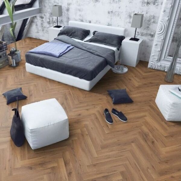 Contemporary bedroom with white furniture and lignum fusion premium robust fumed oak herringbone flooring