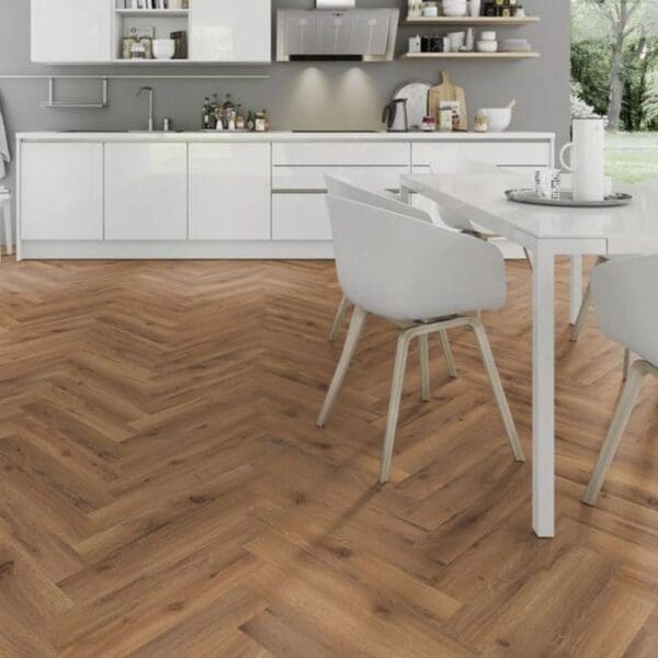 White kitchen with dining area and lignum fusion premium robust fumed oak herringbone flooring