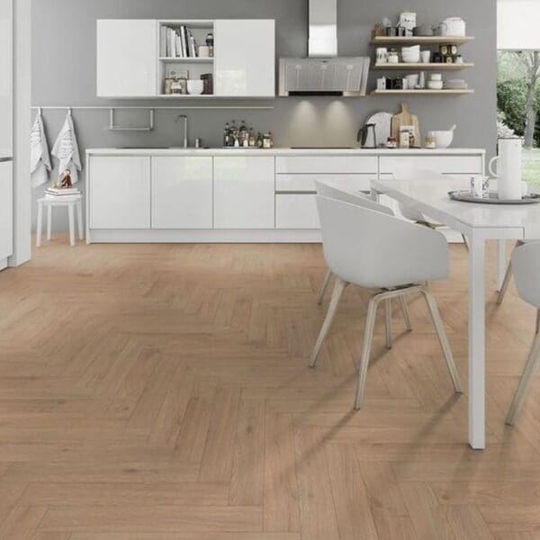 Lignum fusion premium oregon oak herringbone flooring in white modern kitchen with dining area