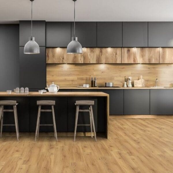 Natural oak laminate flooring in contemporary kitchen with black cabinets and wood accents