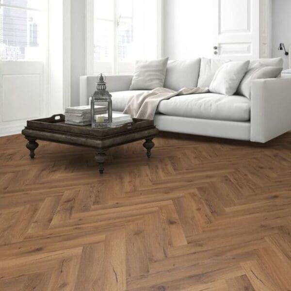 Cozy living room with fireplace and lignum fusion premium robust fumed oak herringbone flooring