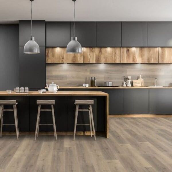 Greige oak laminate flooring in contemporary kitchen with black cabinets and wooden accents