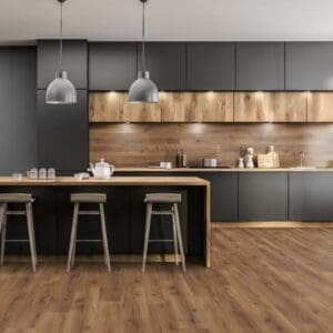 Contemporary kitchen with robust fumed oak laminate flooring and black cabinetry