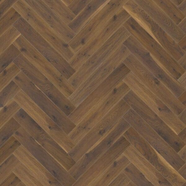 Lignum fusion premium coffee oak herringbone flooring sample showing rich brown tones and wood grain pattern