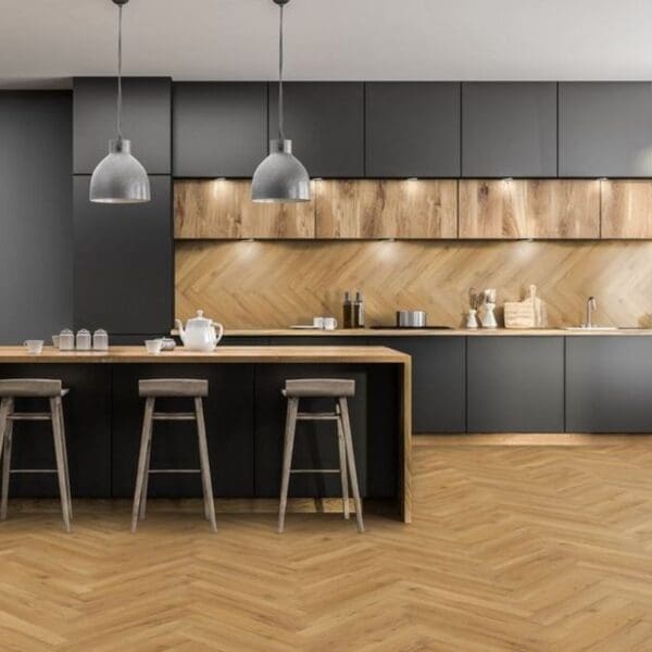 Contemporary kitchen with oak herringbone flooring and black cabinetry with wooden accents