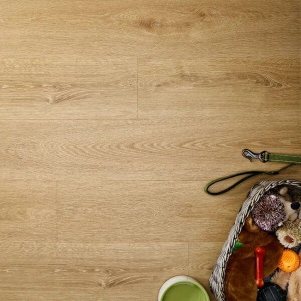 Textures country oak plank flooring with pet toys and accessories