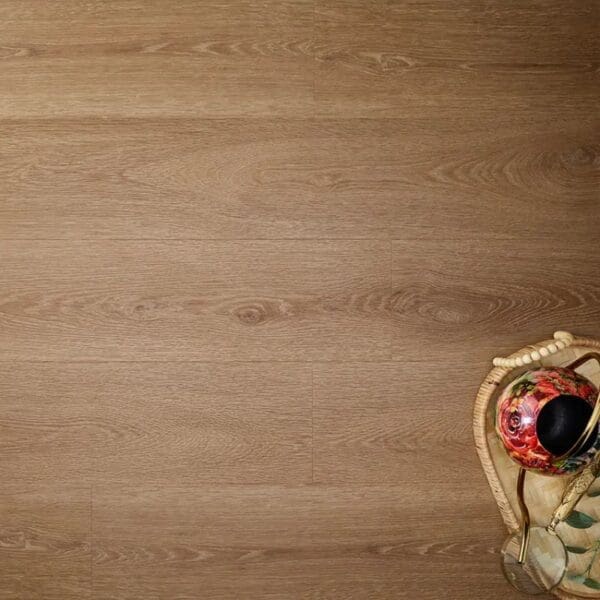 Textures cottage oak plank flooring with decorative items and woven basket