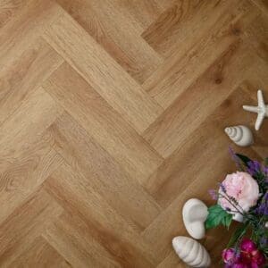 Textures summer oak herringbone flooring in room setting with decorative elements