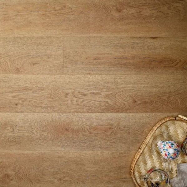 Textures summer oak plank flooring with woven tray and decorative glassware