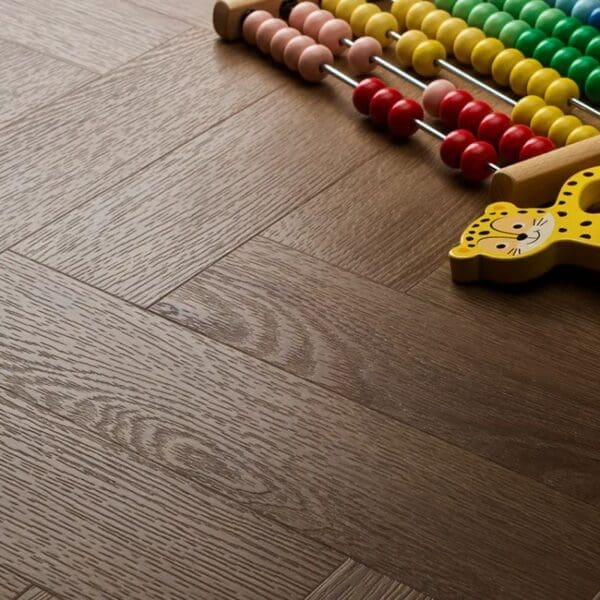 Textures cottage oak herringbone flooring with colorful wooden abacus toy