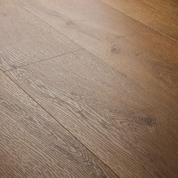 Close up view of textures traditional oak plank showing detailed wood grain texture