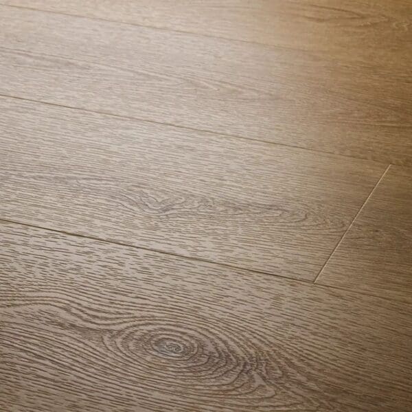 Close up of textures country oak plank showing detailed wood grain texture