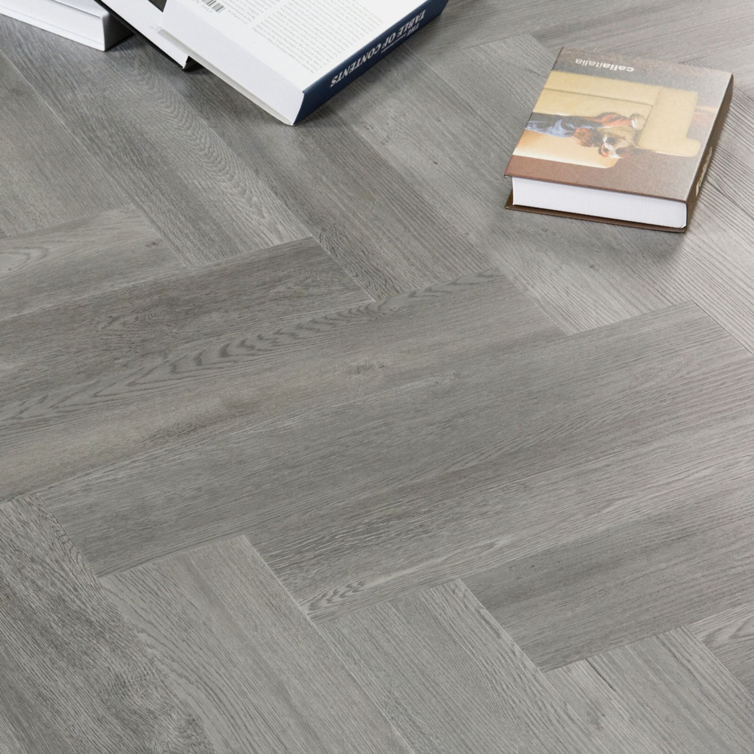 Bodo Herringbone SPC Slate Grey flooring - room shot showing texture and color