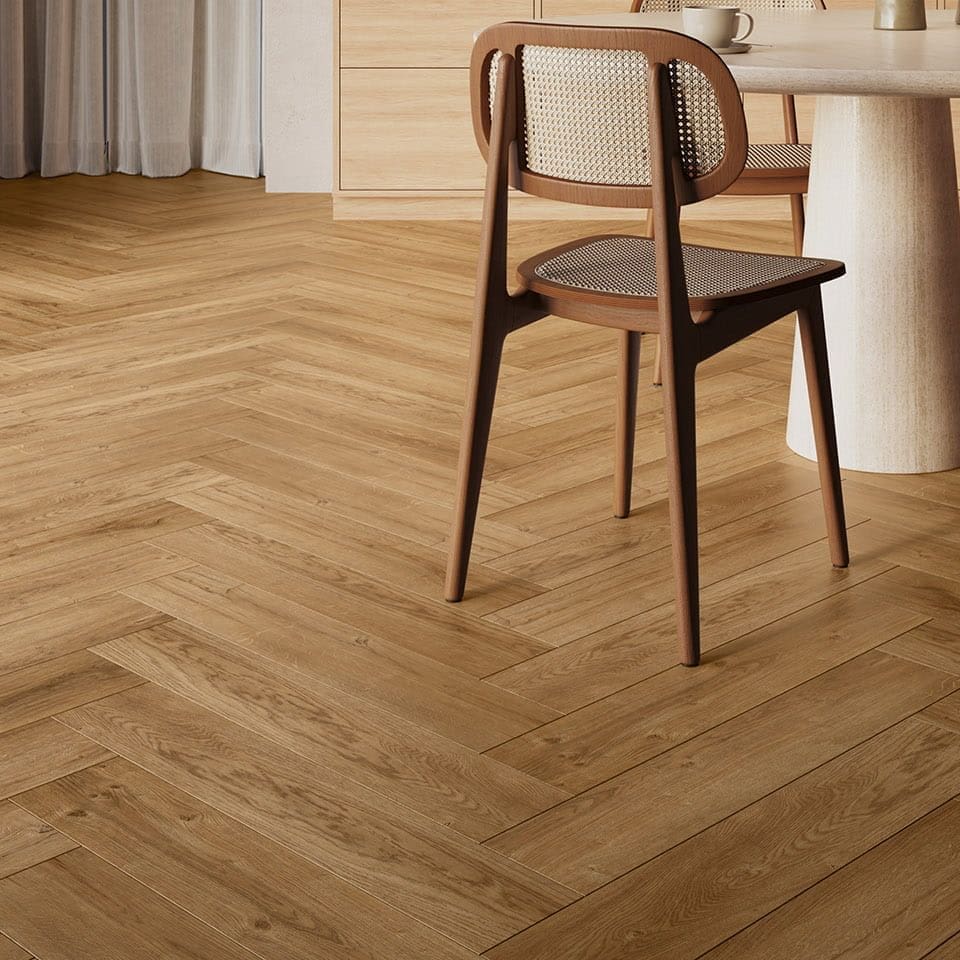 Invictus Ultimus Sienna Oak Parquet flooring - room shot showing texture and color