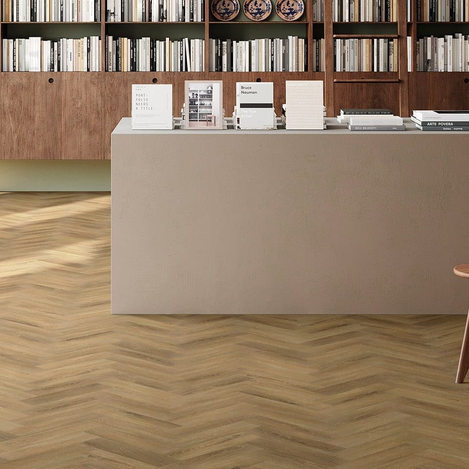 Ultimus Cabin Oak Parquet Windermere flooring - room shot showing texture and color