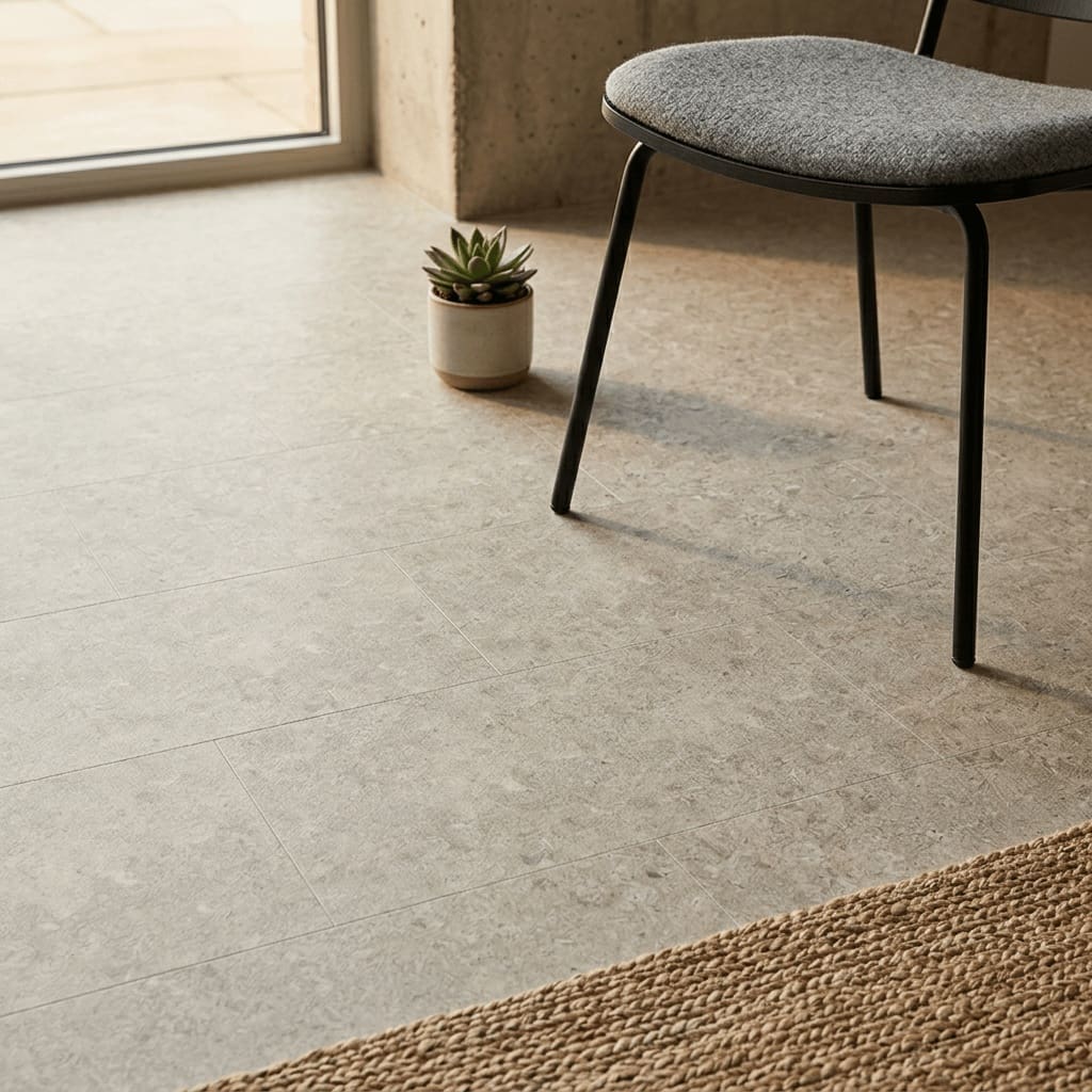 Amtico Spacia Abbey Stone luxury vinyl flooring detailed view - photorealistic room shot